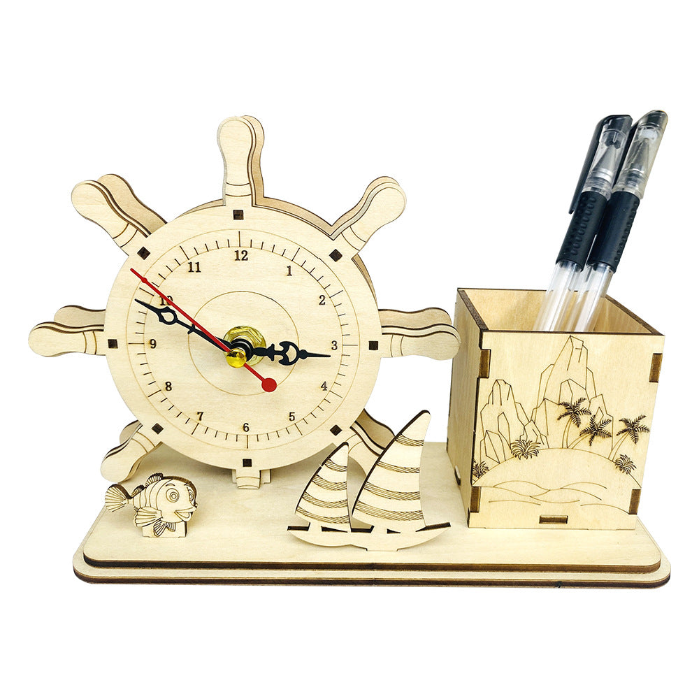 Wooden Puzzle Model Students Handmade DIY Multifunctional Clock Pen Holder