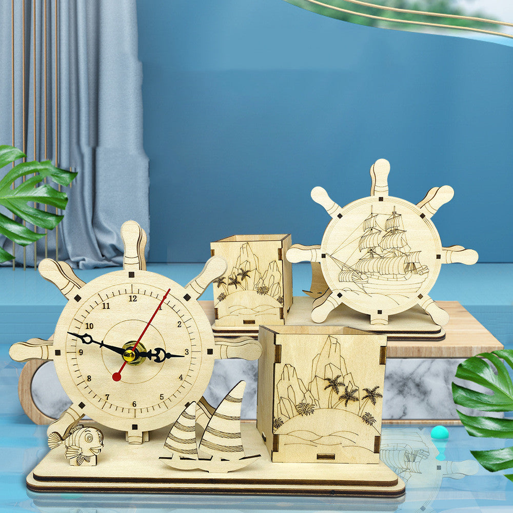 Wooden Puzzle Model Students Handmade DIY Multifunctional Clock Pen Holder