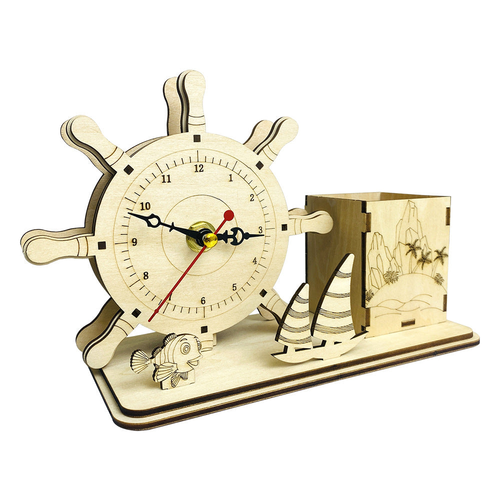 Wooden Puzzle Model Students Handmade DIY Multifunctional Clock Pen Holder